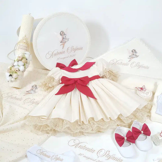 Trusou pentru botez fetita cu zane si rochita din bumbac cu funda