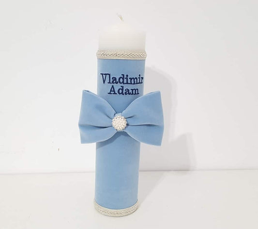 Lumanare catifea bleu cu funda pentru botez