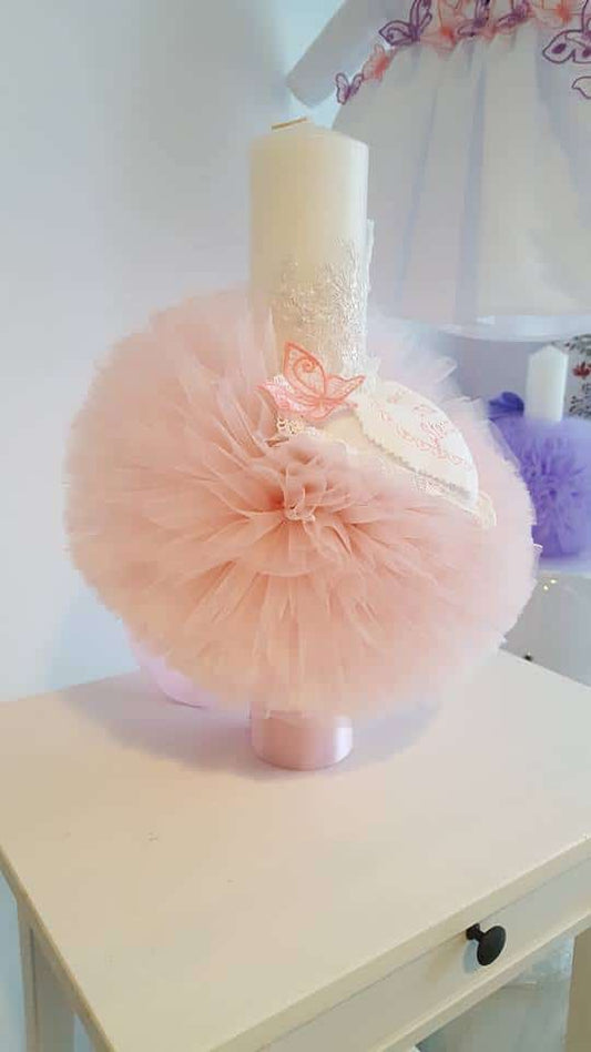 Lumanare de botez personalizata cu fluturi roz
