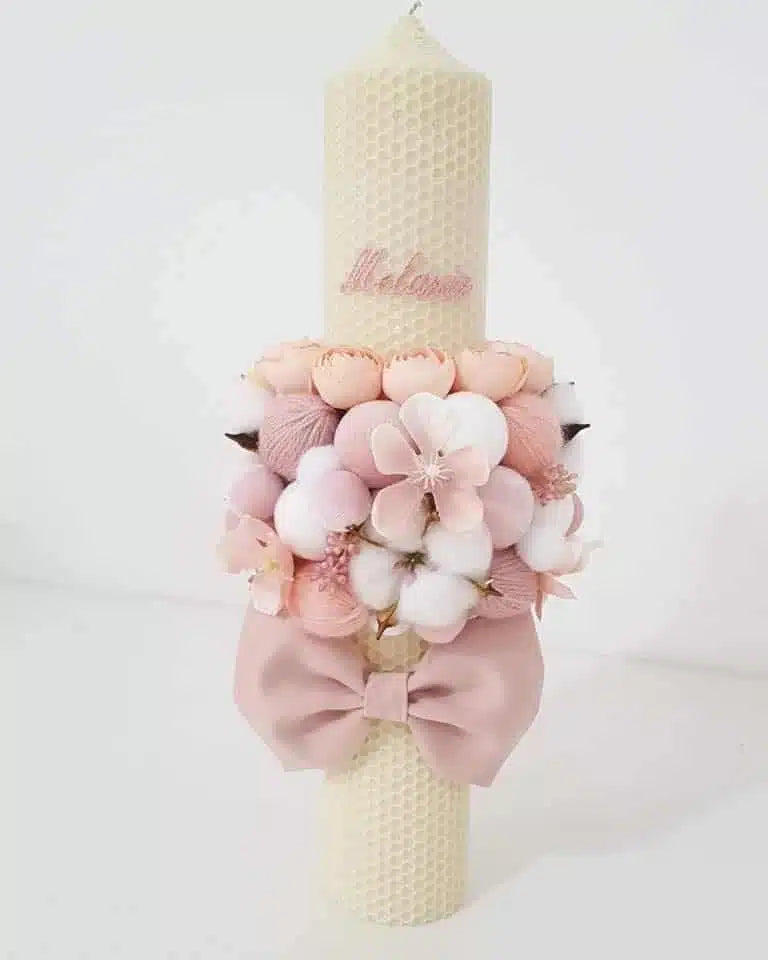 Lumanare ceara naturala botez fetite cu flori si fundita
