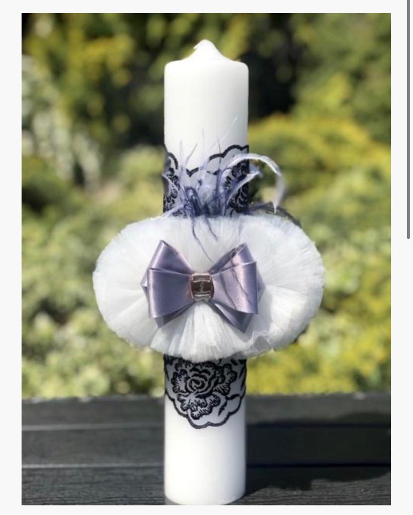 Lumanare de botez accesorizata cu tulle si papion