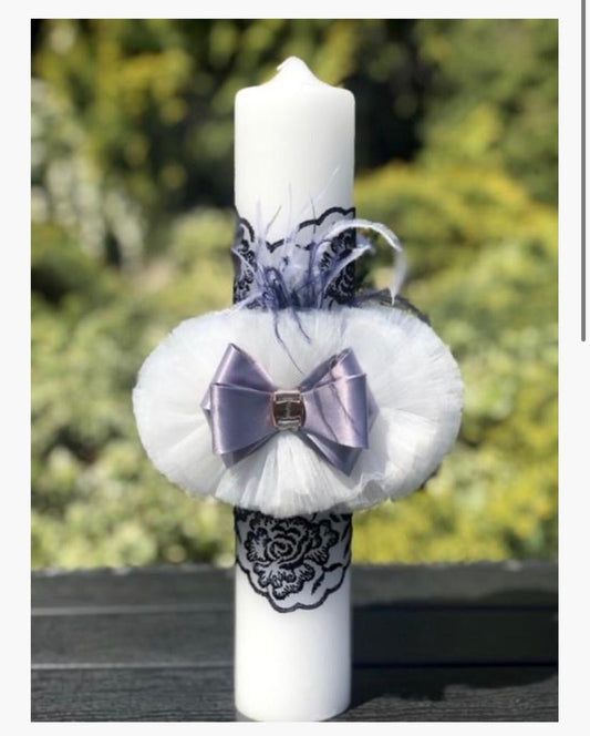 Lumanare de botez accesorizata cu tulle si papion