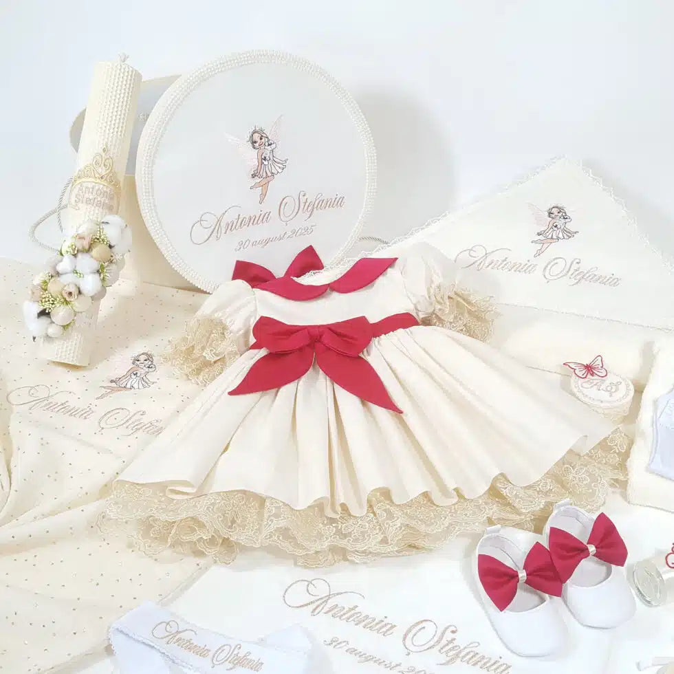 Trusou pentru botez fetita cu zane si rochita din bumbac cu funda
