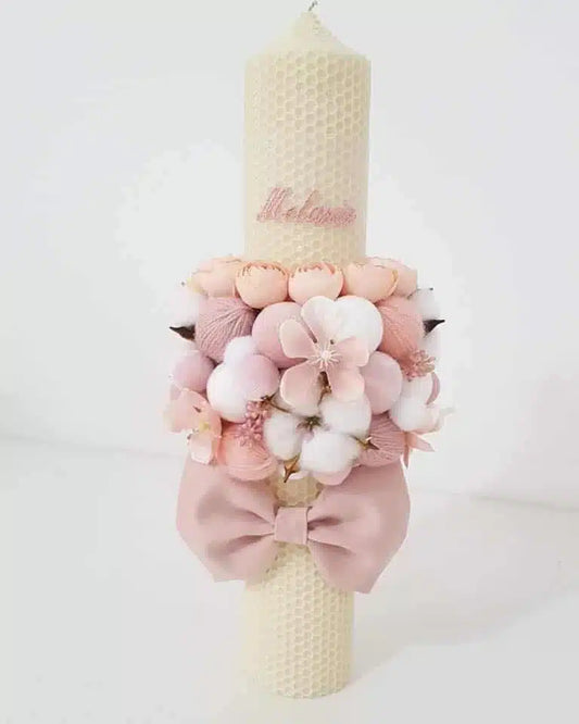 Lumanare ceara naturala botez fetite cu flori si fundita